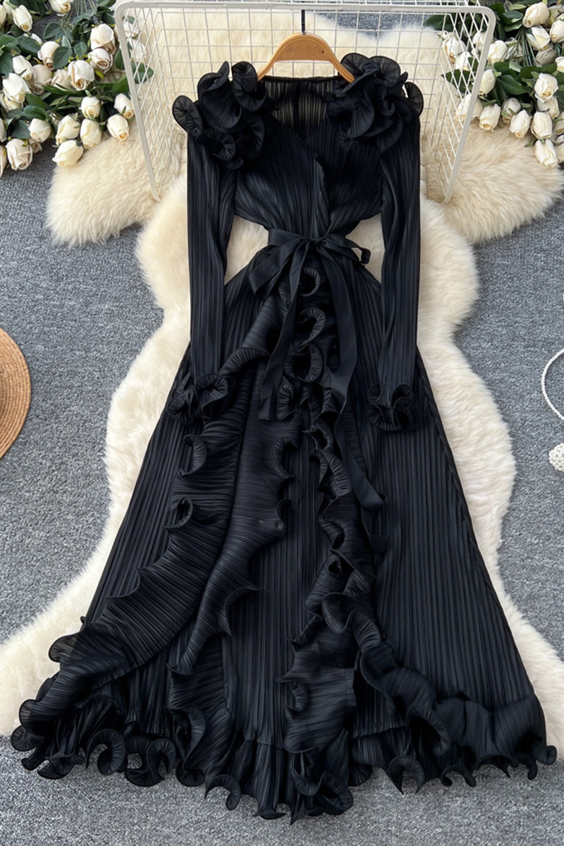 Ruffled Long Sleeve Pleated Dress