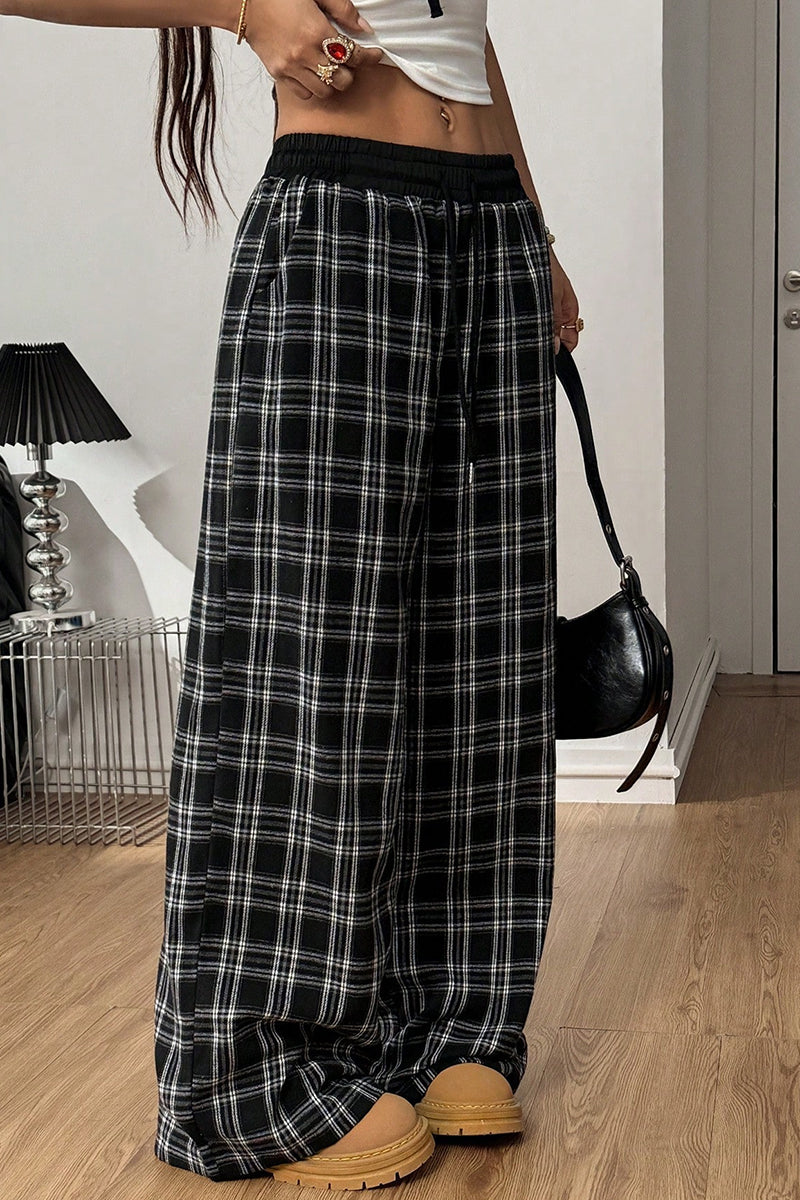 Plaid Wide-Leg Casual Pants