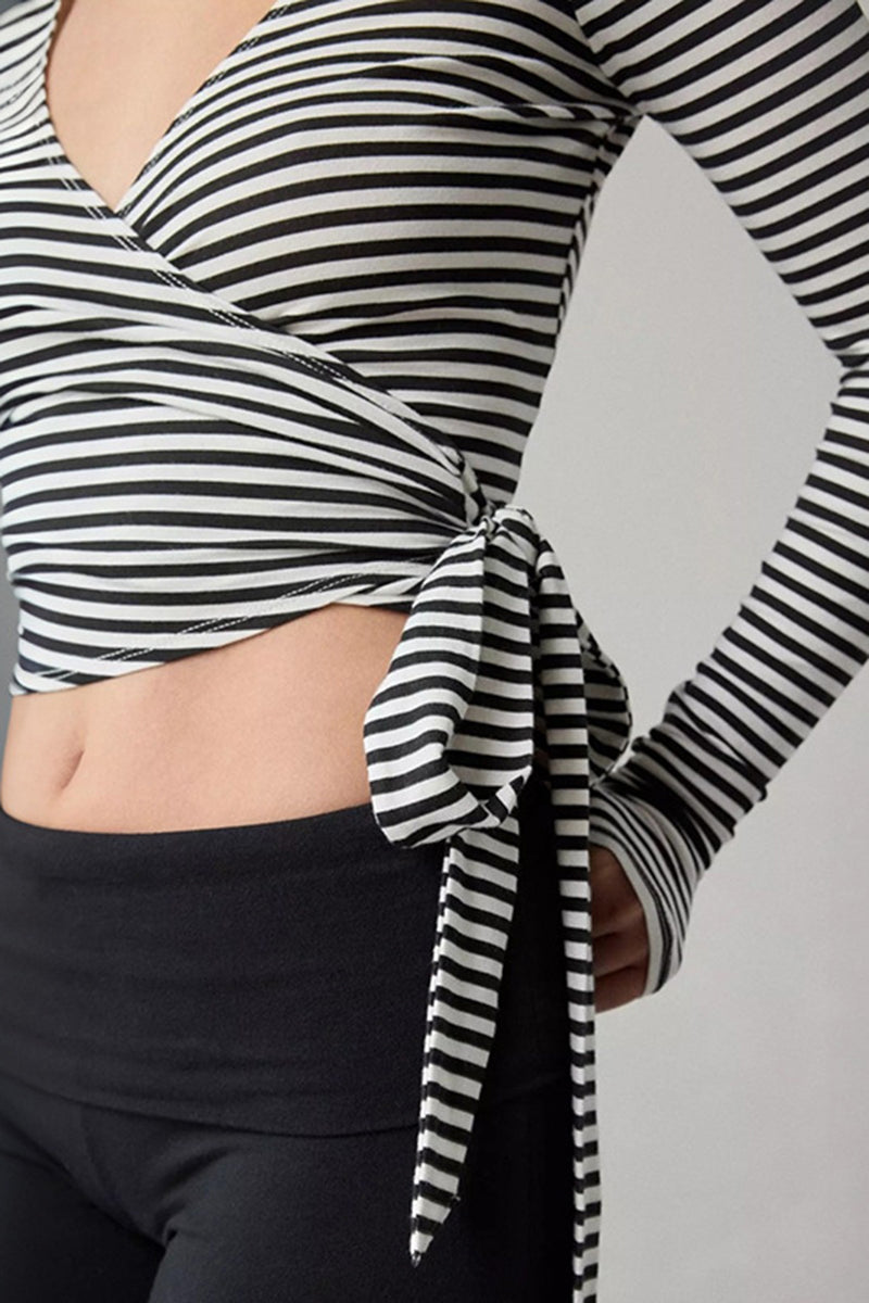 Striped Wrap-Front Long Sleeve Top