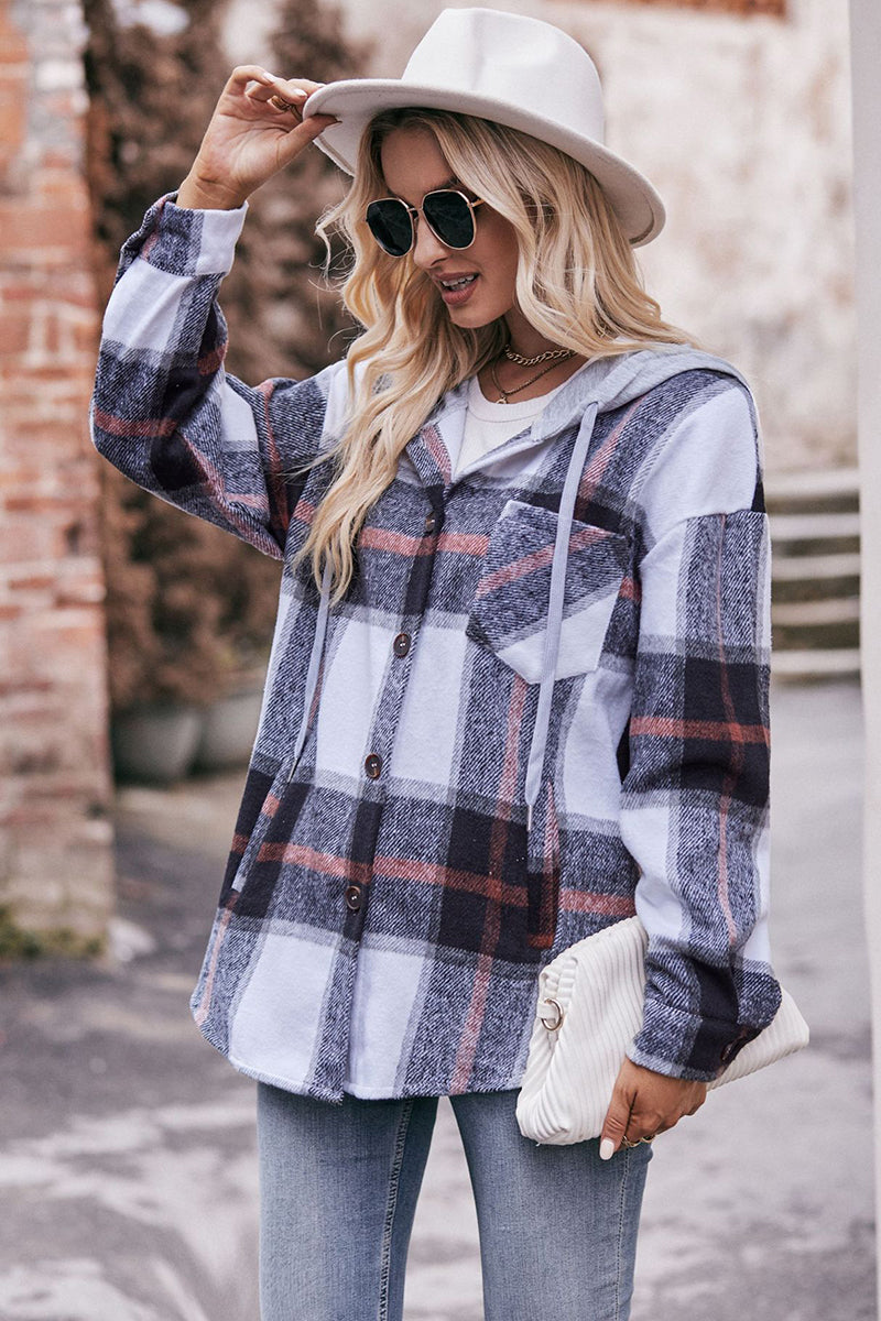 Plaid Button-Up Shacket with Hoodie