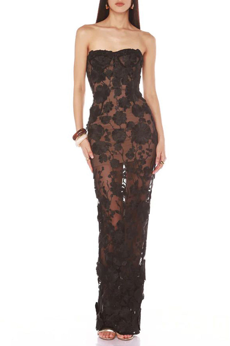 Floral Appliqué Strapless Evening Dress