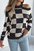 Open-Shoulder Checkered Sweater