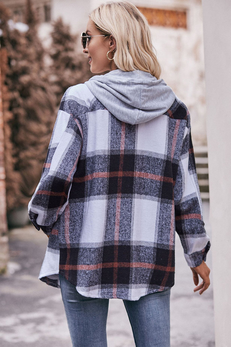 Plaid Button-Up Shacket with Hoodie