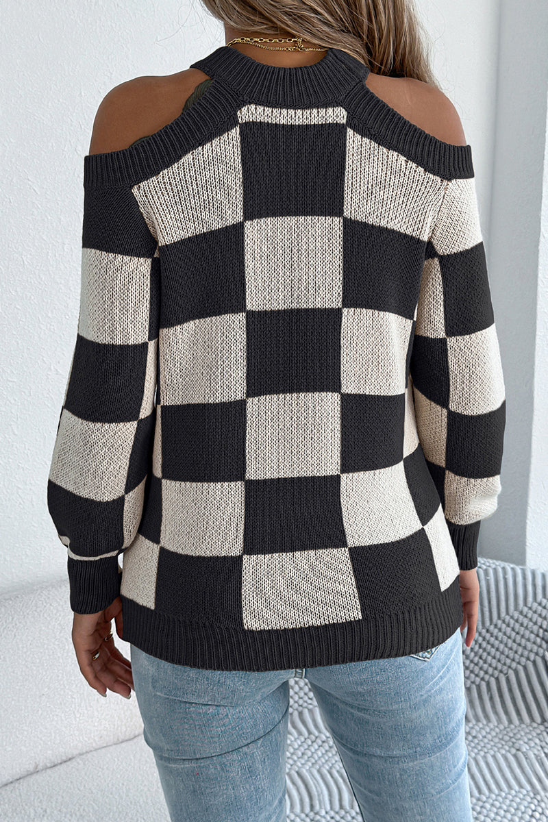 Open-Shoulder Checkered Sweater
