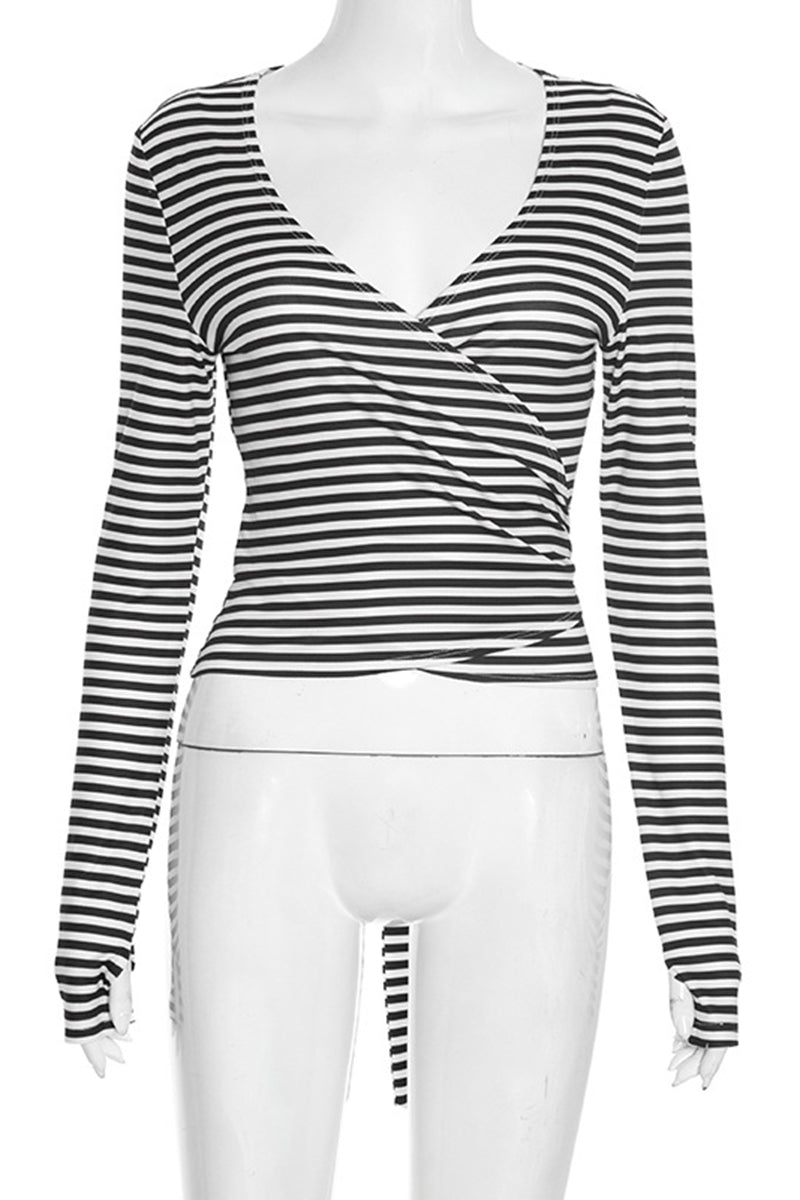 Striped Wrap-Front Long Sleeve Top