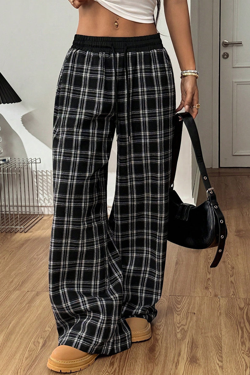 Plaid Wide-Leg Casual Pants