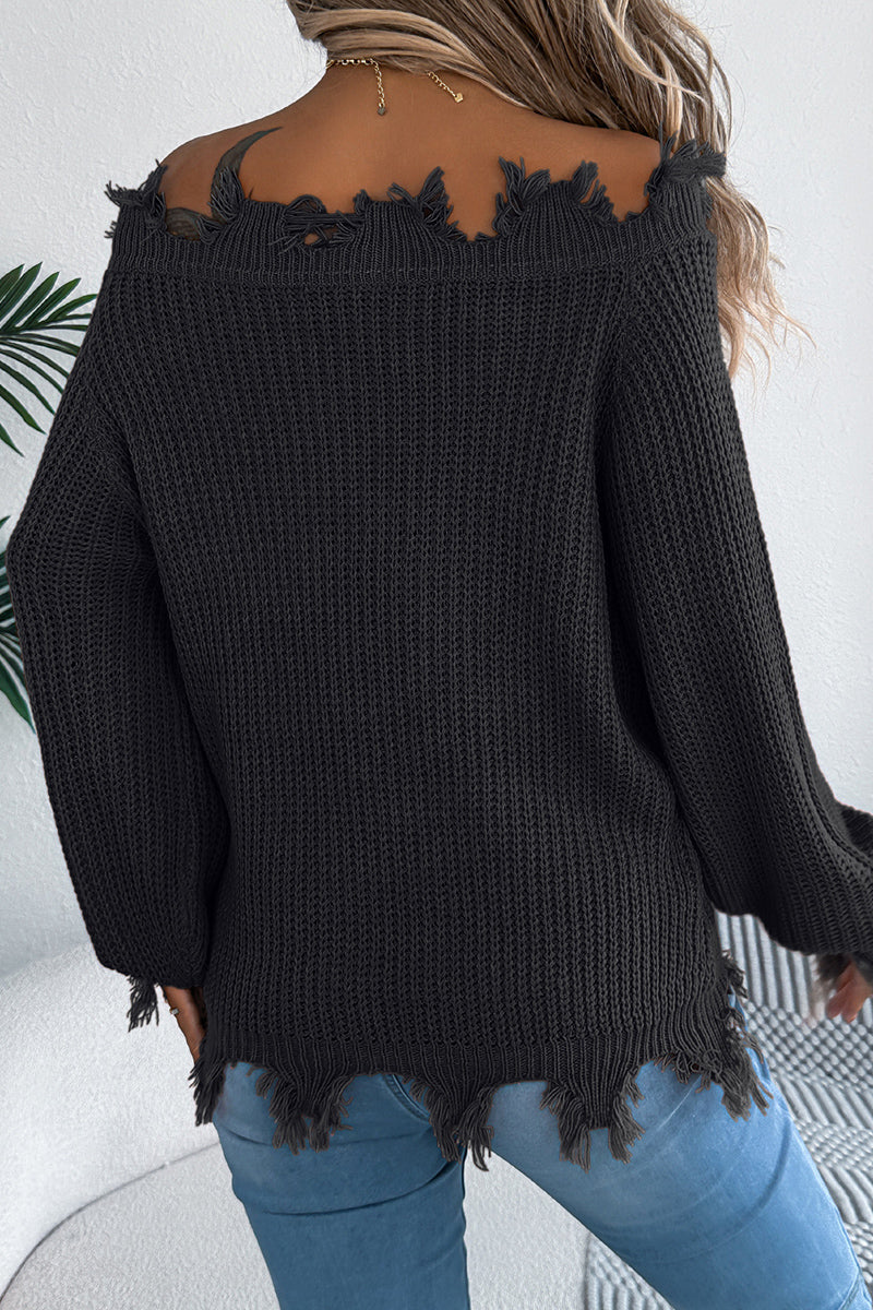 Off-Shoulder Fringe Knit Sweater