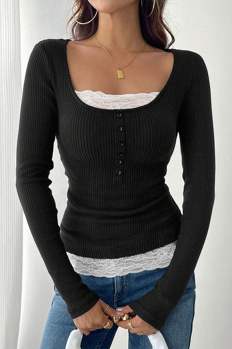 Buttoned Ribbed Top with Lace Detail