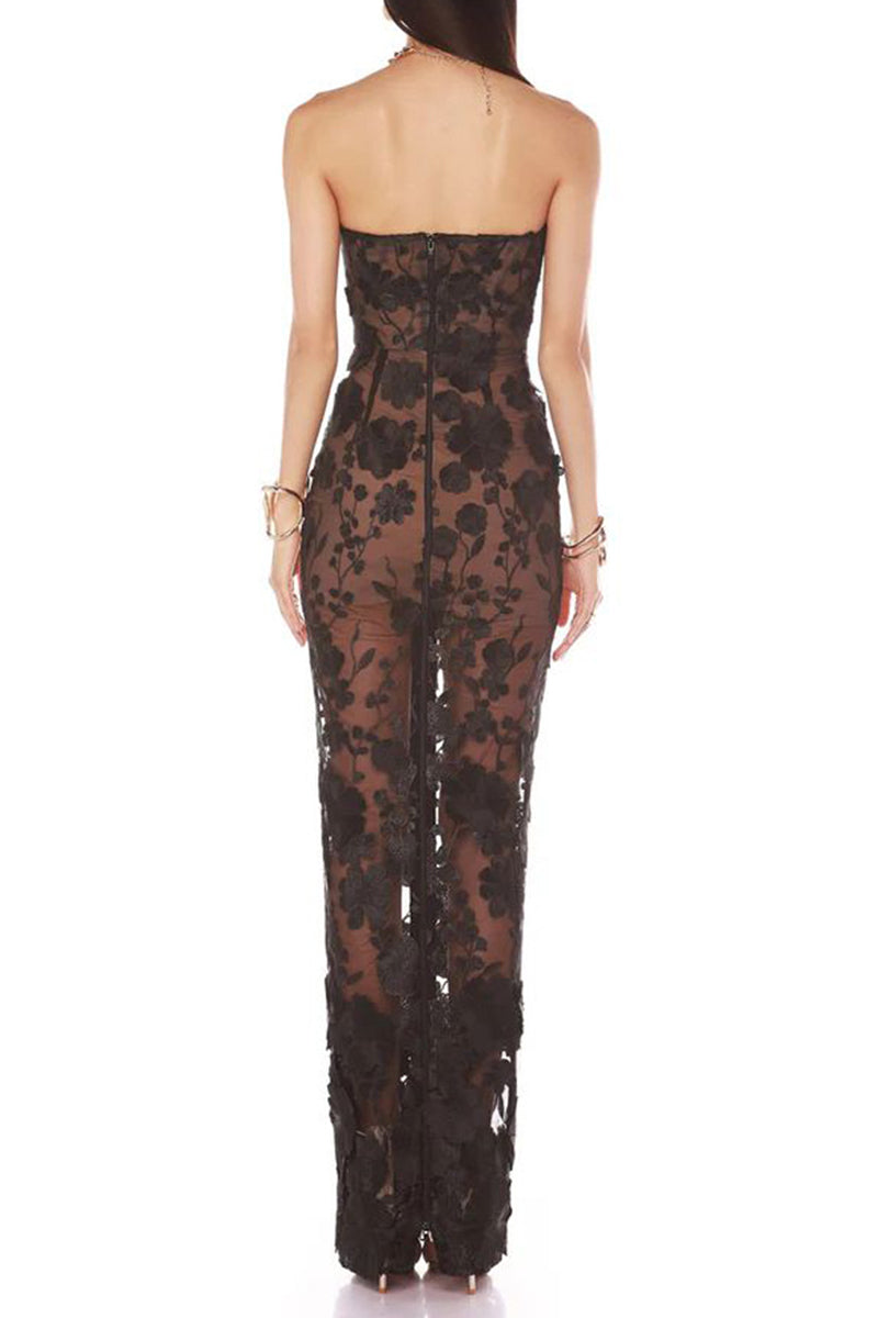 Floral Appliqué Strapless Evening Dress