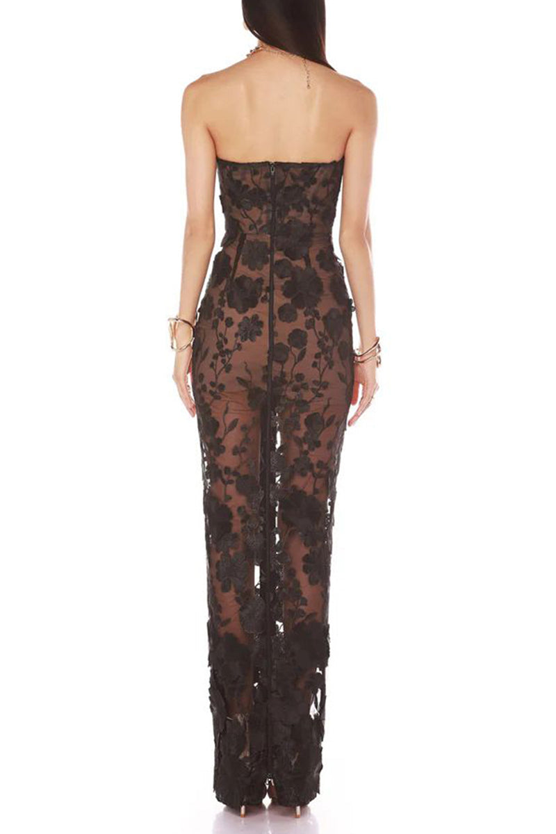 Strapless Floral Evening Gown