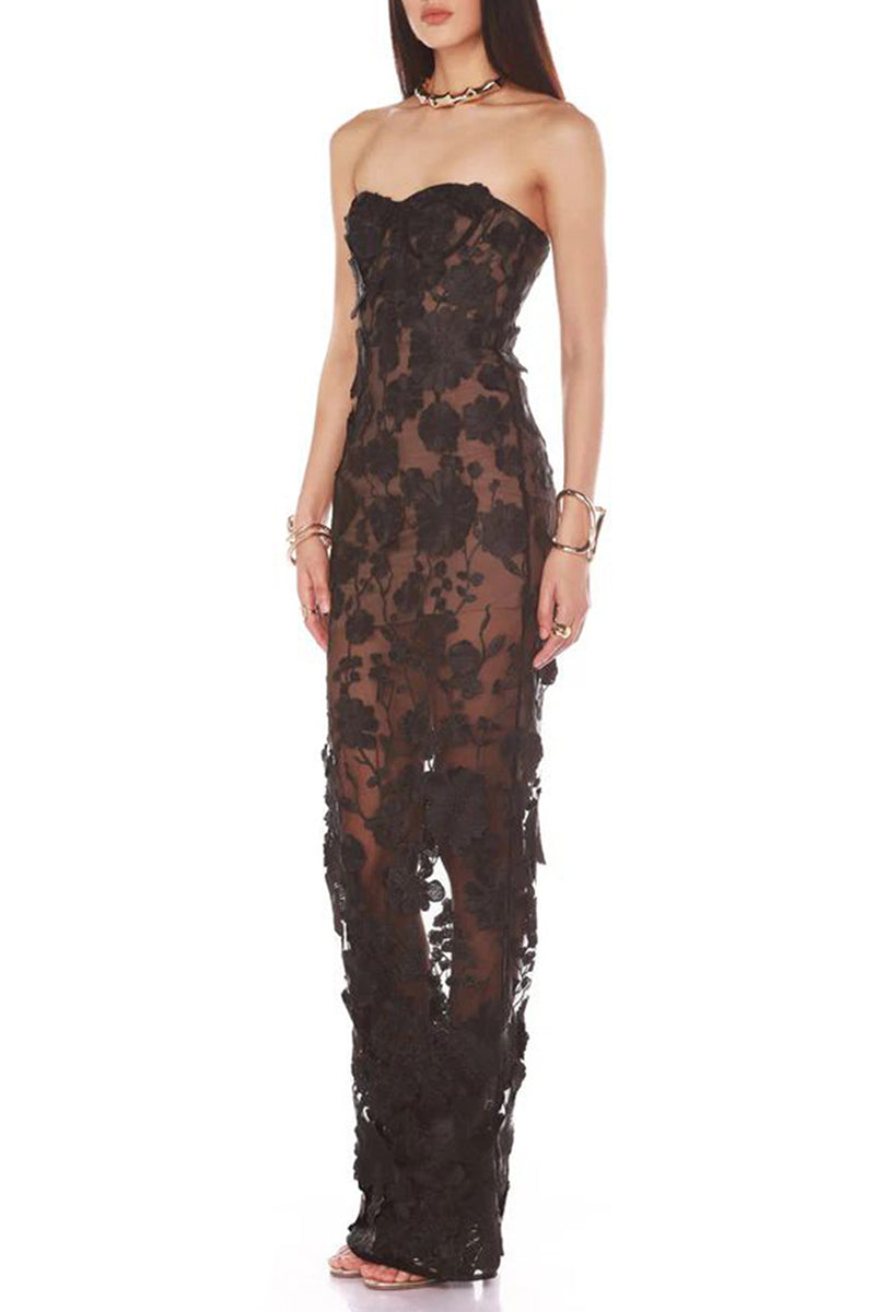 Strapless Floral Evening Gown