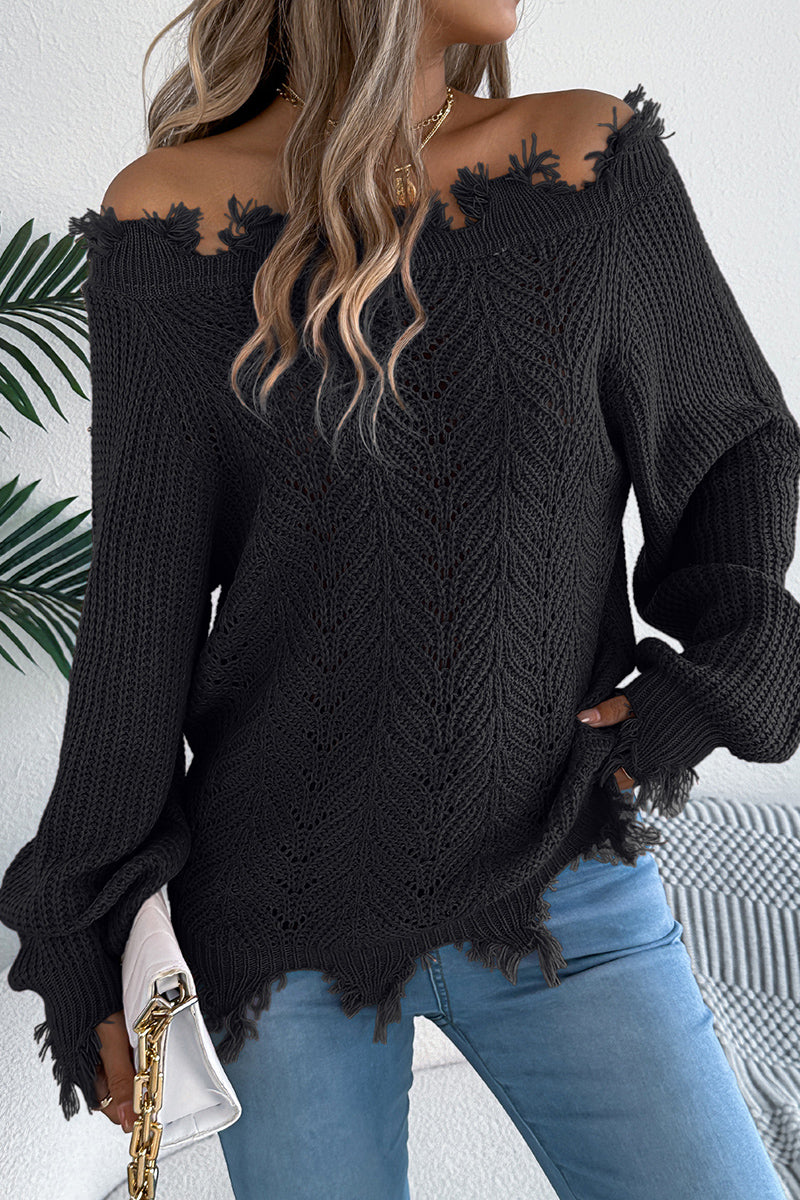 Off-Shoulder Fringe Knit Sweater