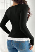 Buttoned Ribbed Top with Lace Detail