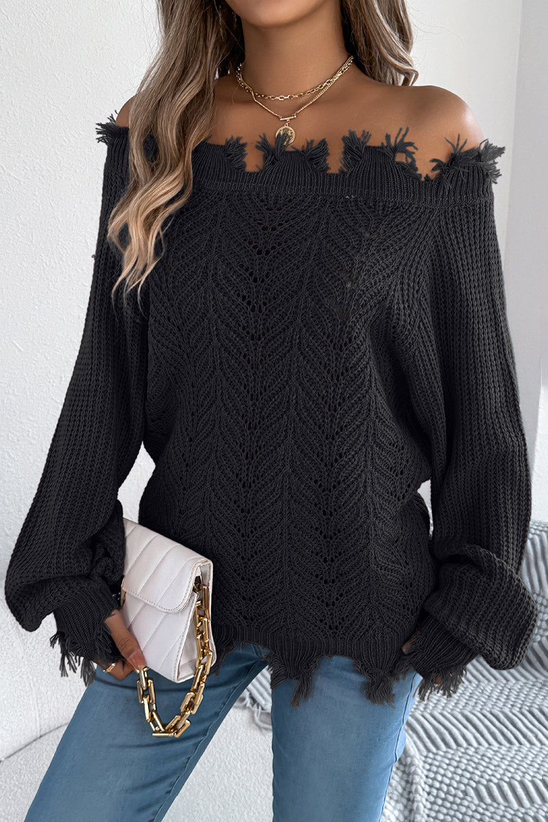 Off-Shoulder Fringe Knit Sweater