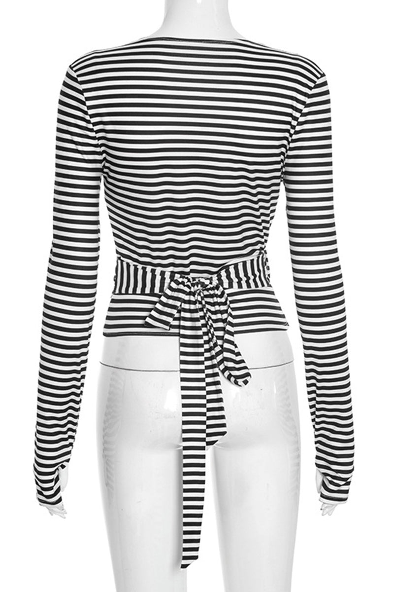 Striped Wrap-Front Long Sleeve Top