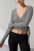 Striped Wrap-Front Long Sleeve Top