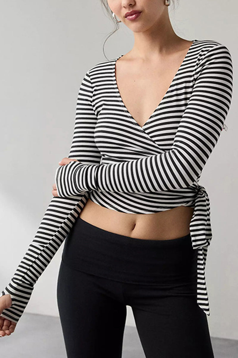 Striped Wrap-Front Long Sleeve Top
