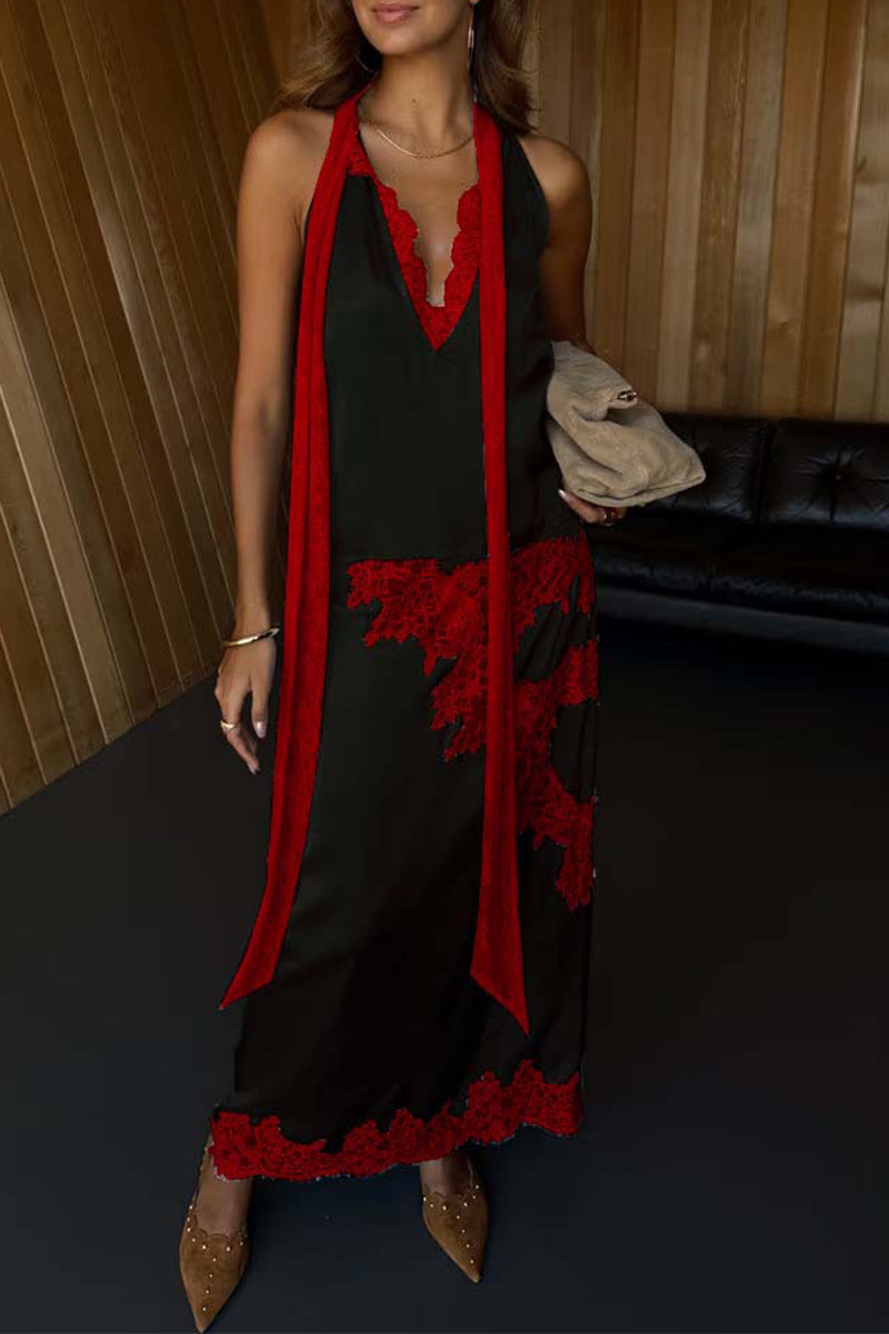 Lace-Trim Tie Neck Skirt Set