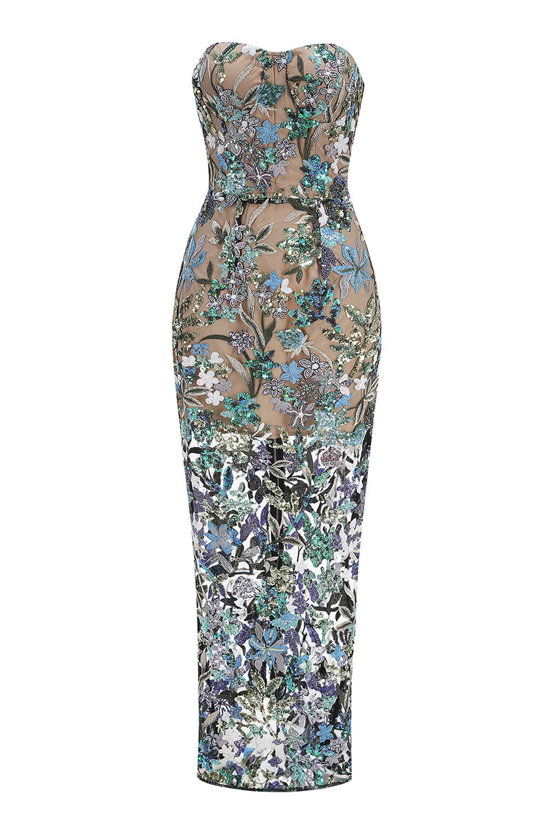 Strapless Floral Evening Gown