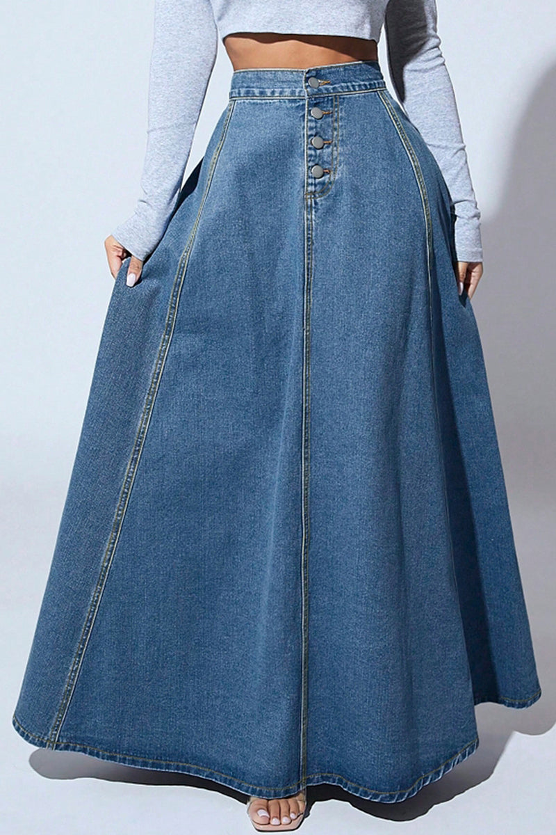 Classic Button-Up Denim Maxi Skirt