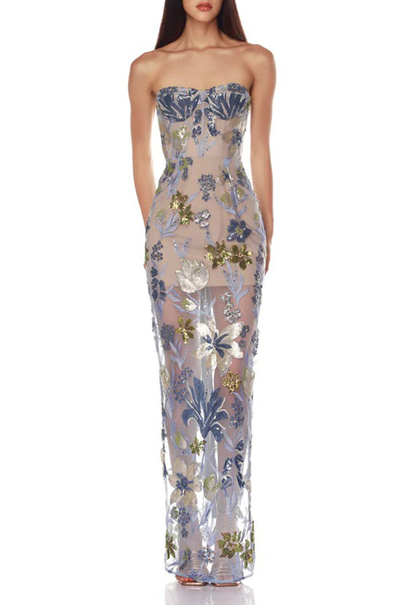 Strapless Floral Evening Gown