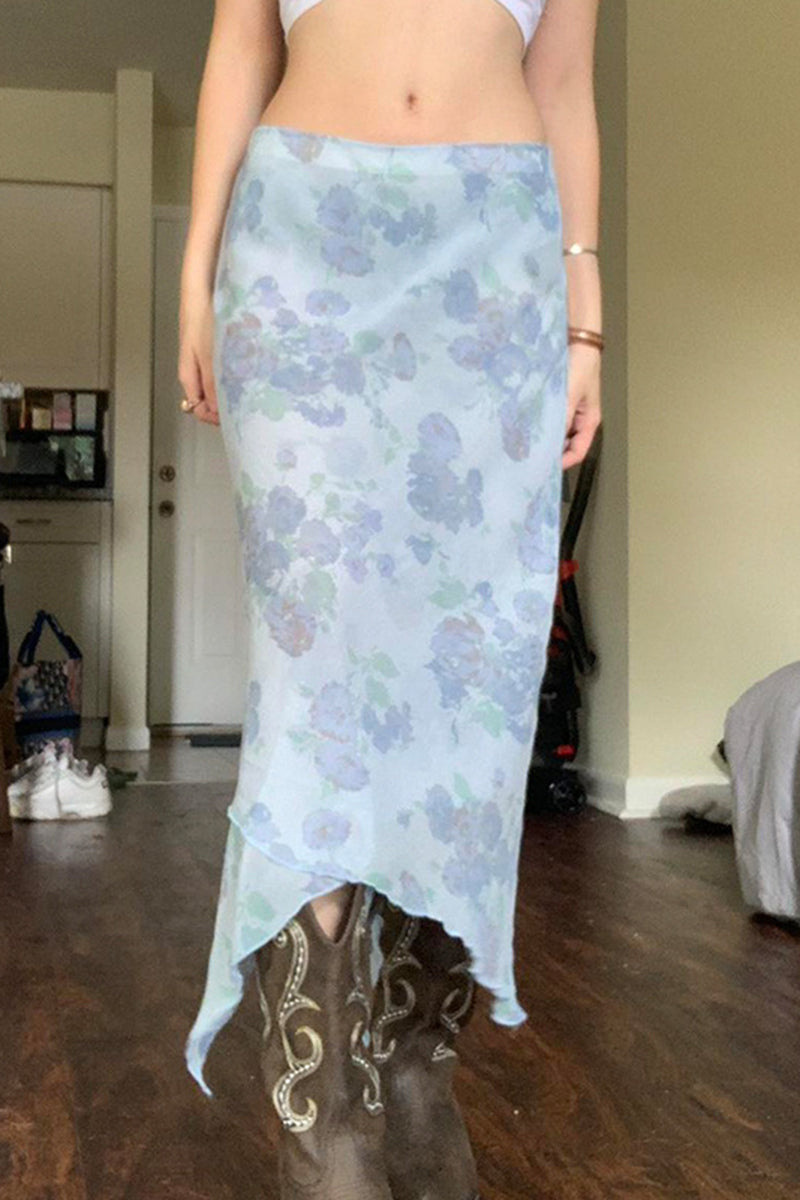 Asymmetrical Floral Print Midi Skirt