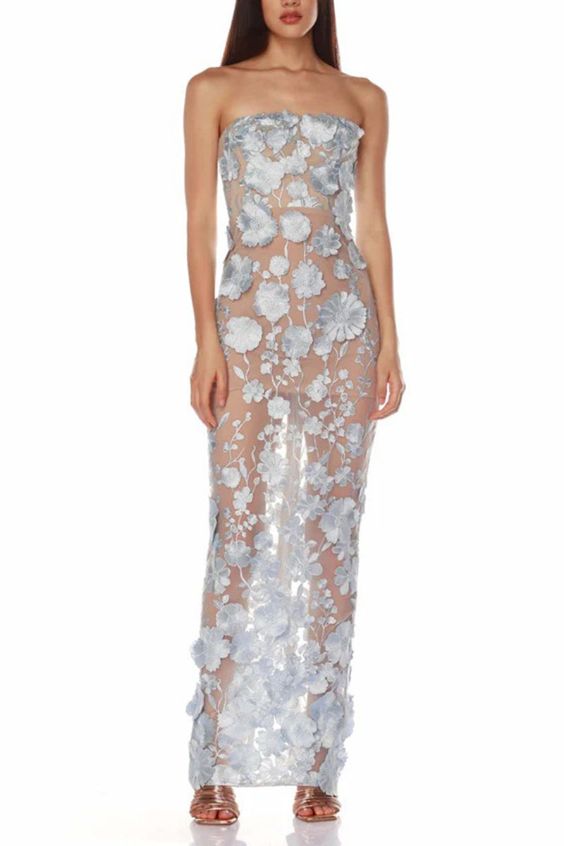 Floral Appliqué Strapless Evening Dress