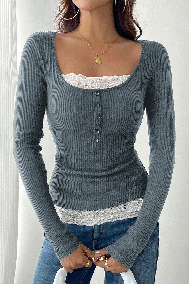 Buttoned Ribbed Top with Lace Detail