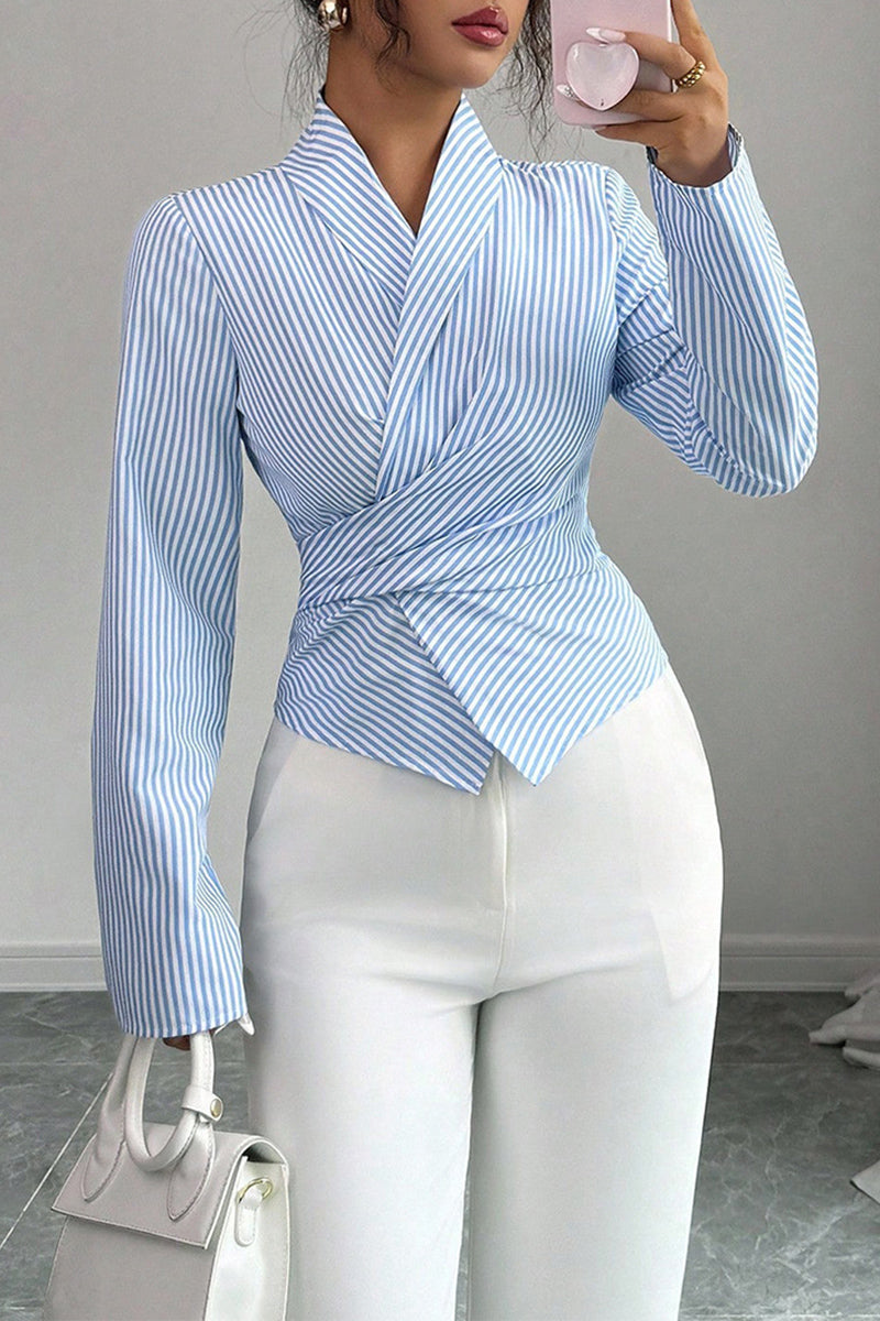 Striped Wrap Long Sleeve Blouse