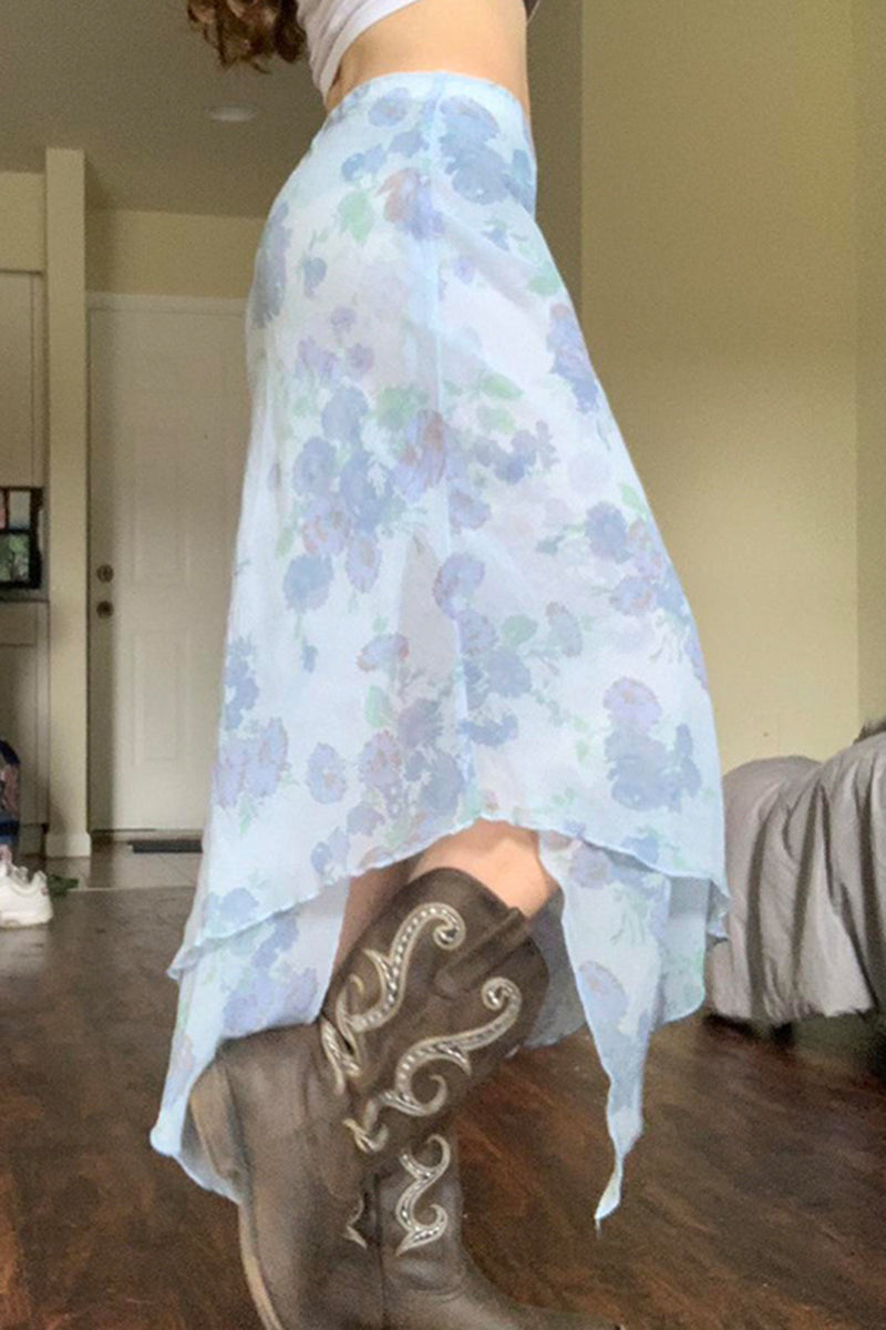 Asymmetrical Floral Print Midi Skirt