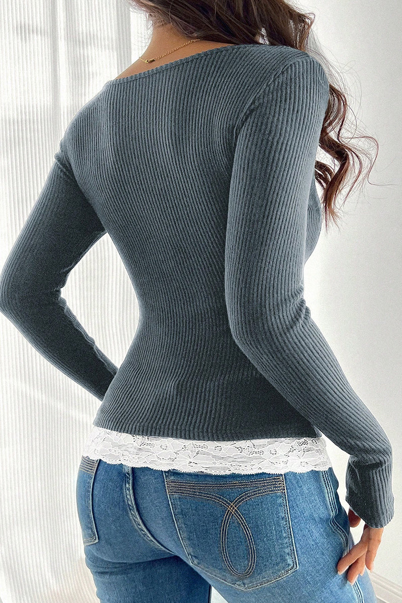 Buttoned Ribbed Top with Lace Detail