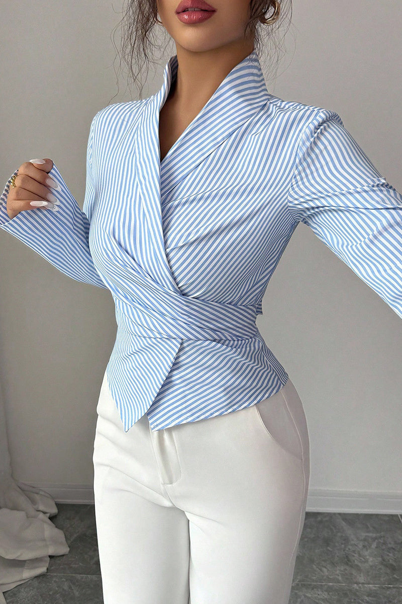 Striped Wrap Long Sleeve Blouse