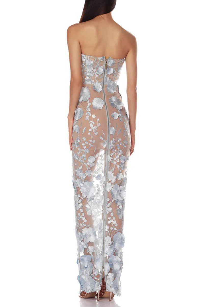 Floral Appliqué Strapless Evening Dress