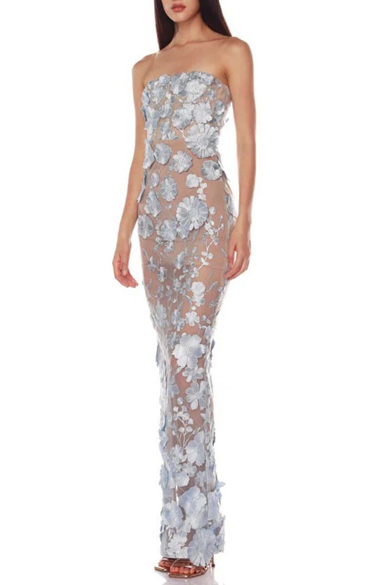 Floral Appliqué Strapless Evening Dress