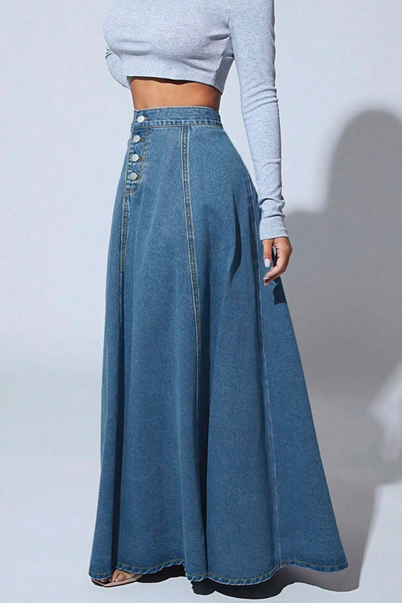 Classic Button-Up Denim Maxi Skirt