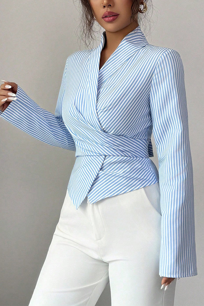 Striped Wrap Long Sleeve Blouse