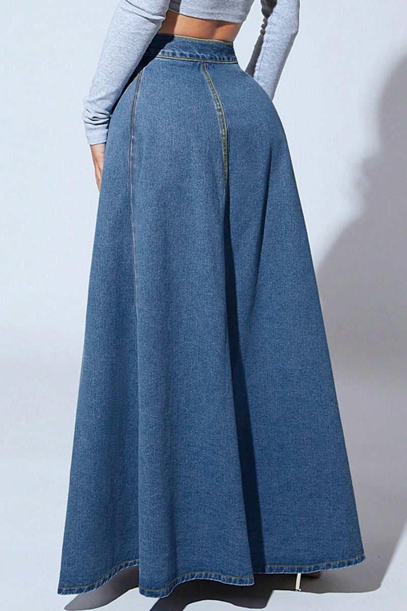 Classic Button-Up Denim Maxi Skirt