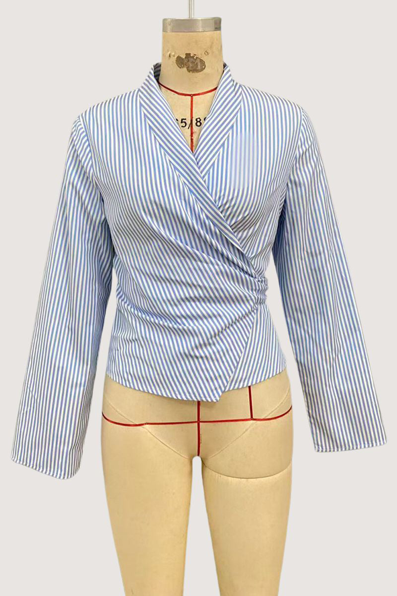 Striped Wrap Long Sleeve Blouse