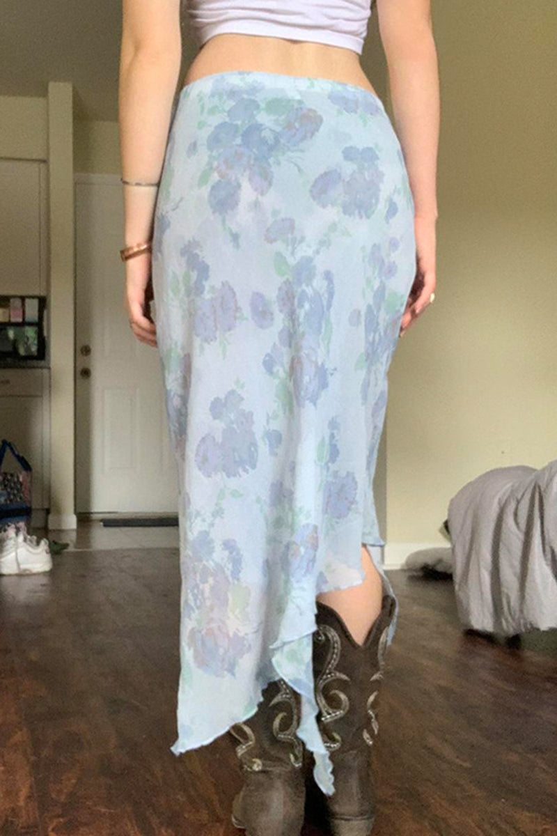 Asymmetrical Floral Print Midi Skirt