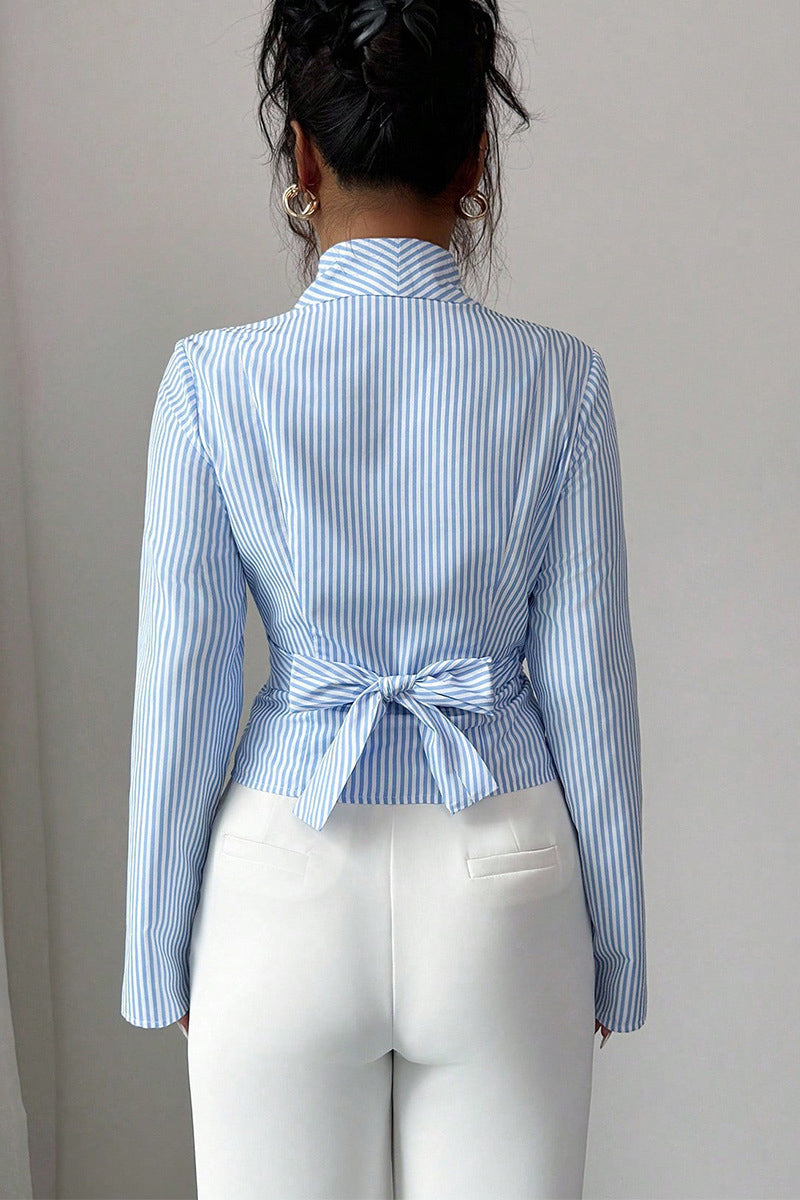 Striped Wrap Long Sleeve Blouse