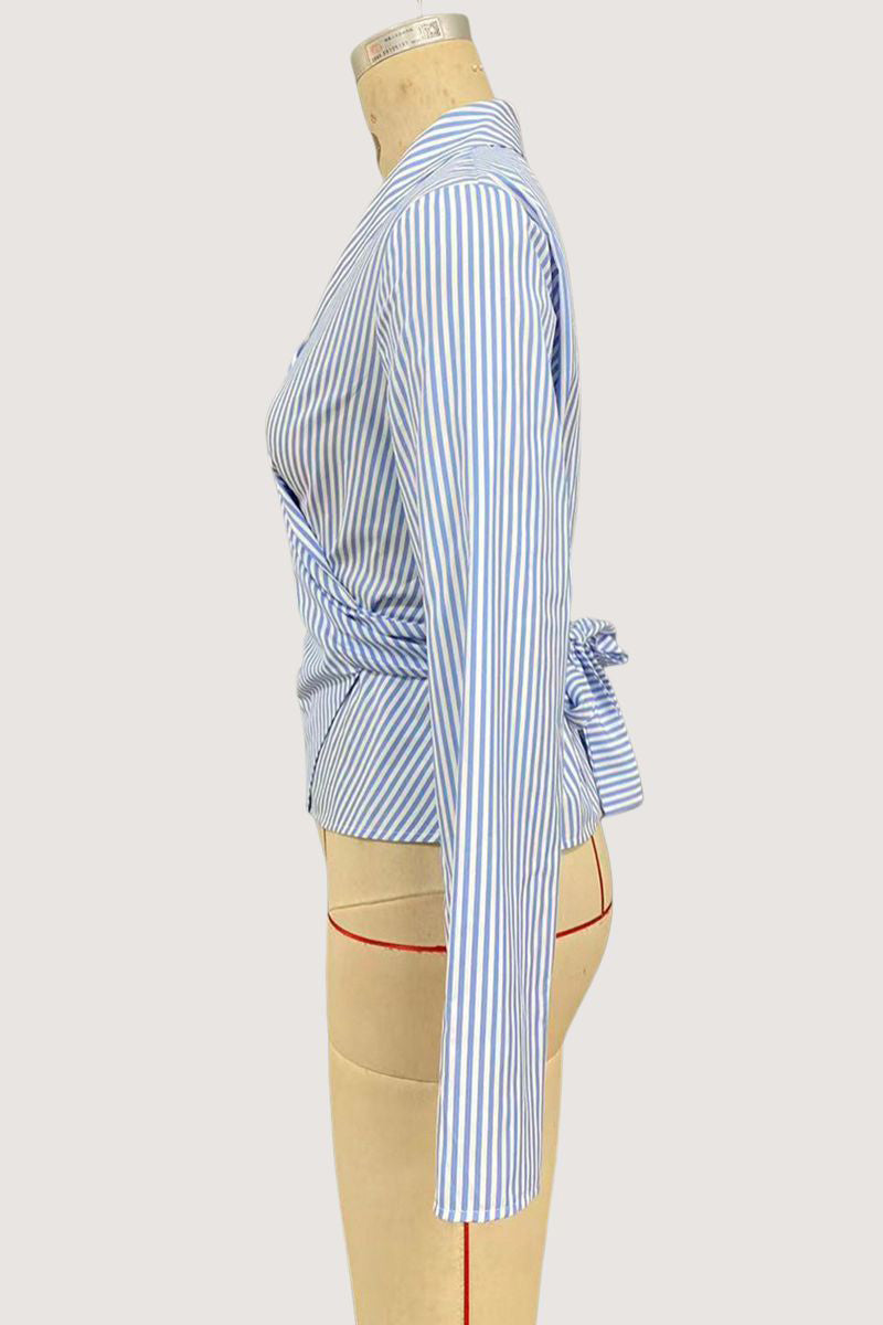 Striped Wrap Long Sleeve Blouse