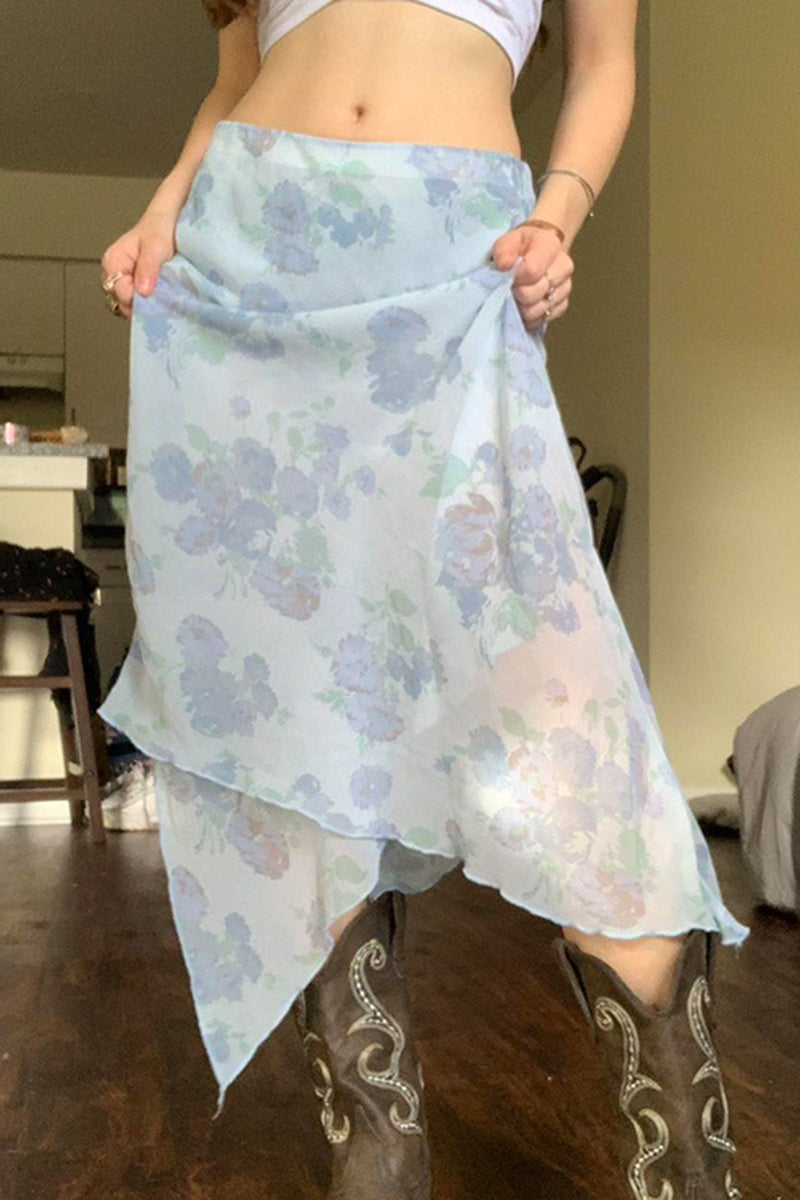 Asymmetrical Floral Print Midi Skirt