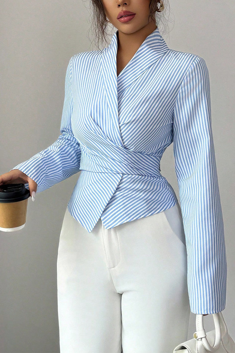 Striped Wrap Long Sleeve Blouse