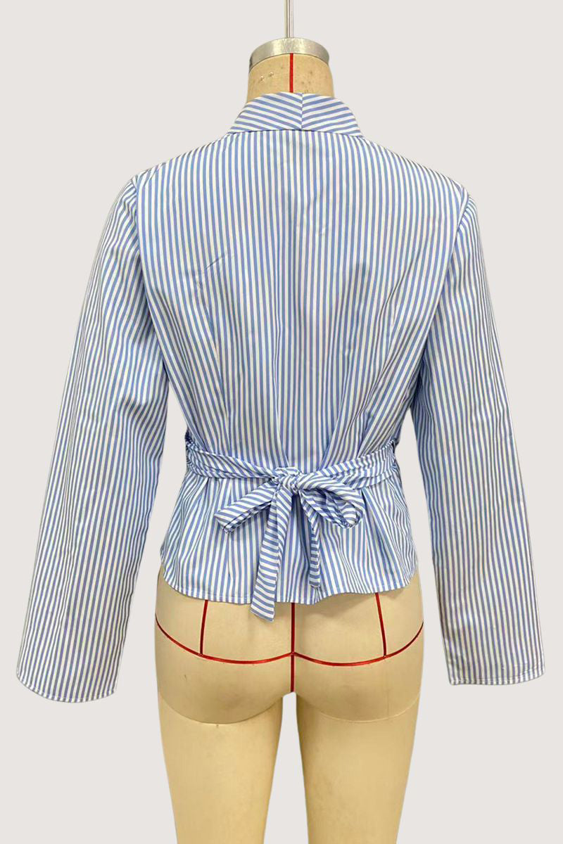 Striped Wrap Long Sleeve Blouse