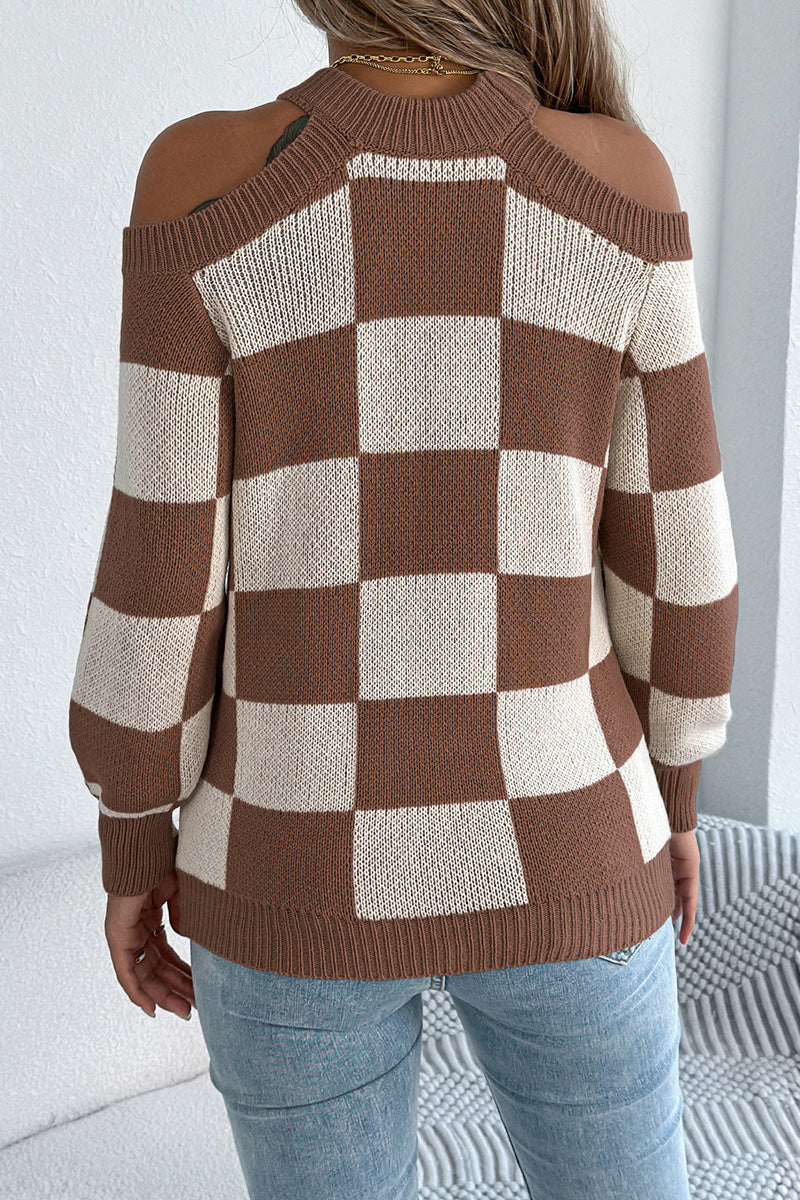 Open-Shoulder Checkered Sweater
