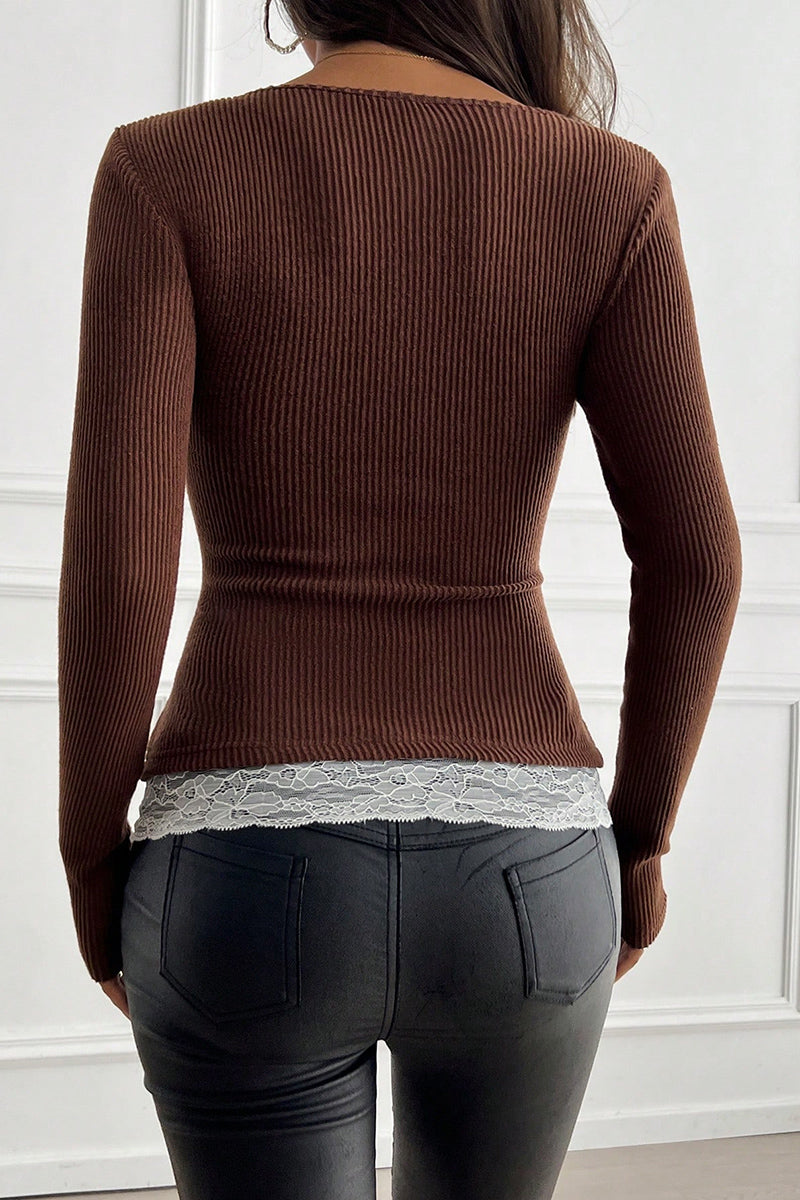 Buttoned Ribbed Top with Lace Detail