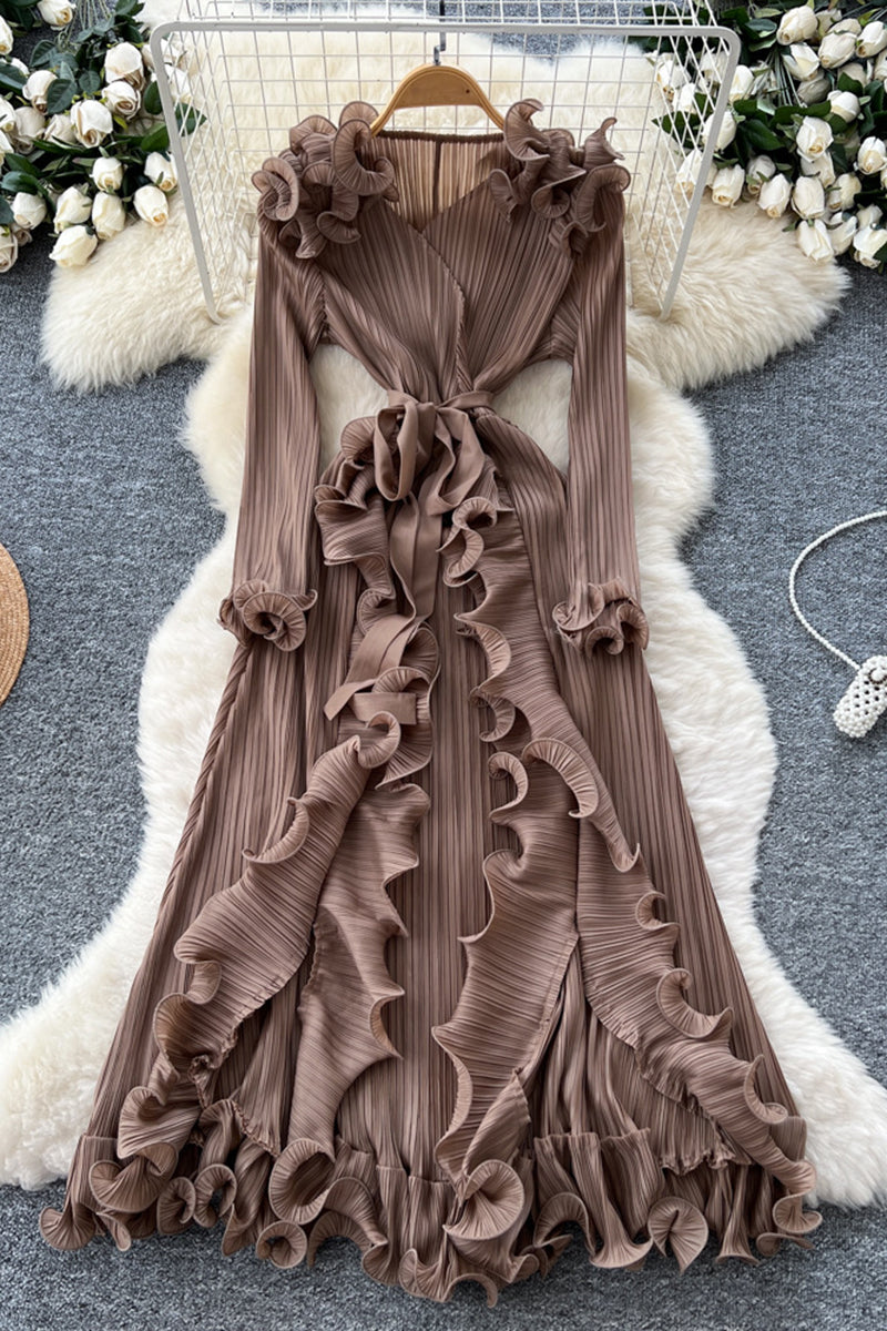 Ruffled Long Sleeve Pleated Dress