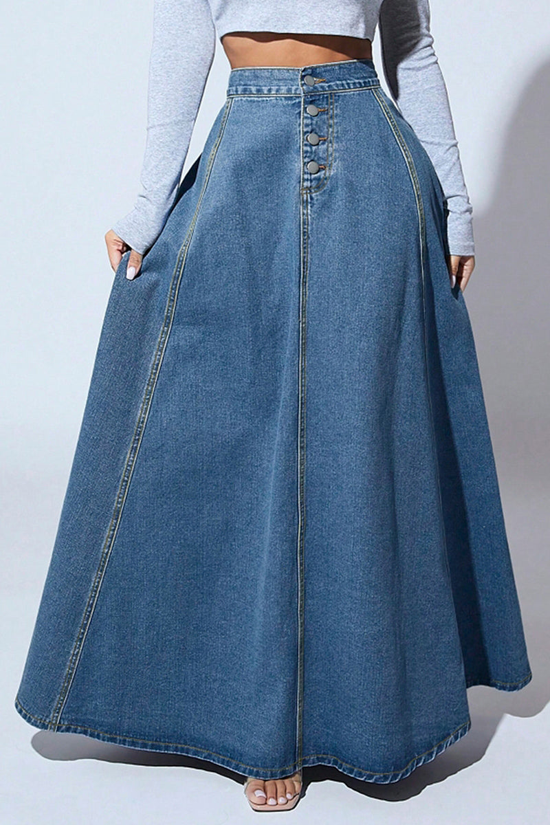 High Waist Buttoned Denim Maxi Skirt