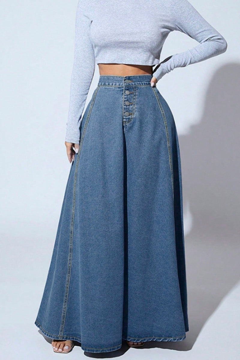 High Waist Buttoned Denim Maxi Skirt