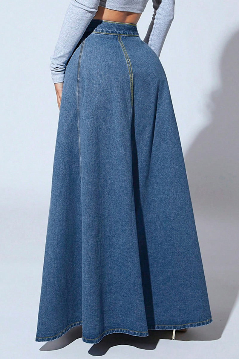 High Waist Buttoned Denim Maxi Skirt